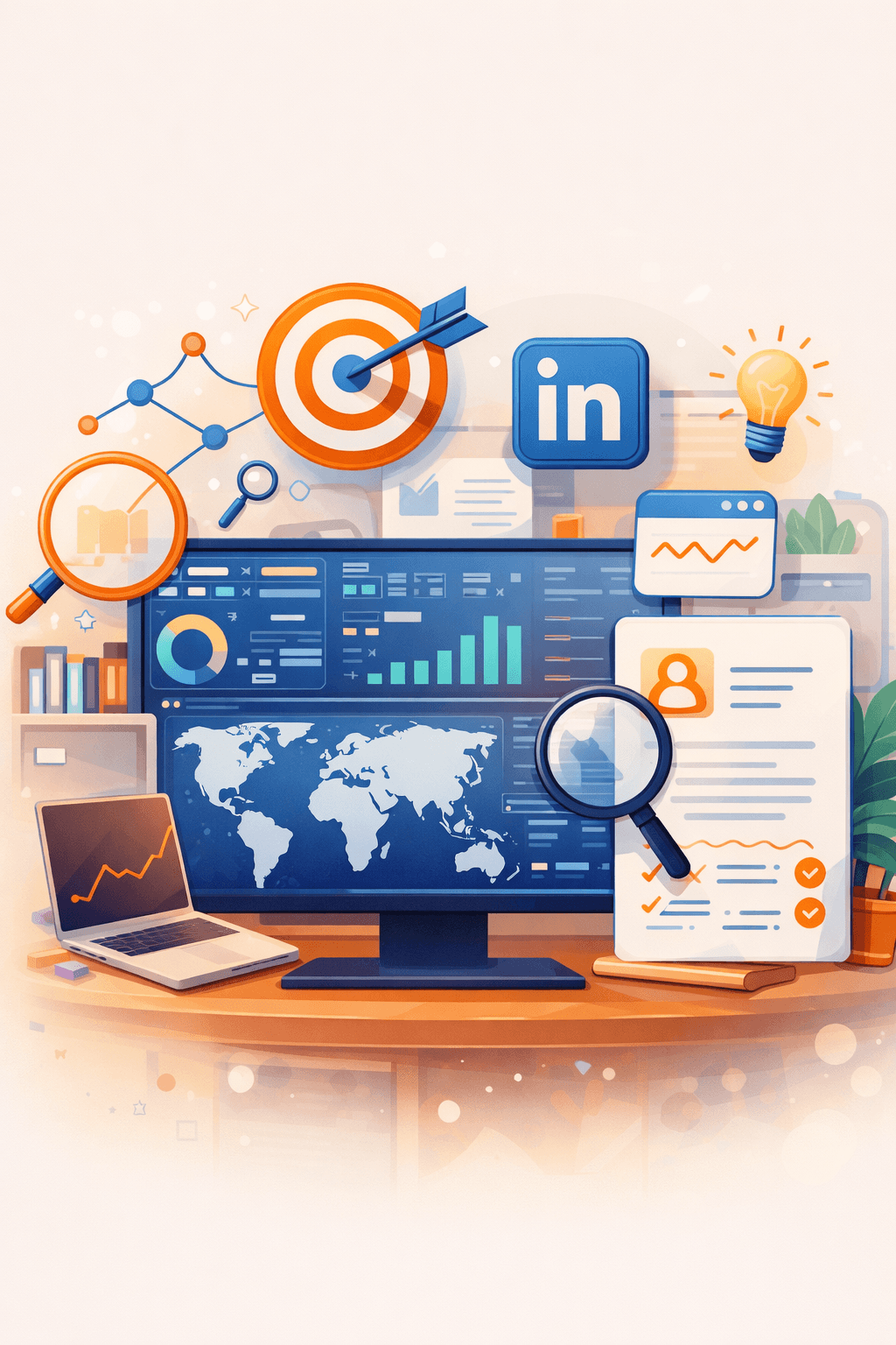 Ilustração com analytics, currículo e posicionamento profissional